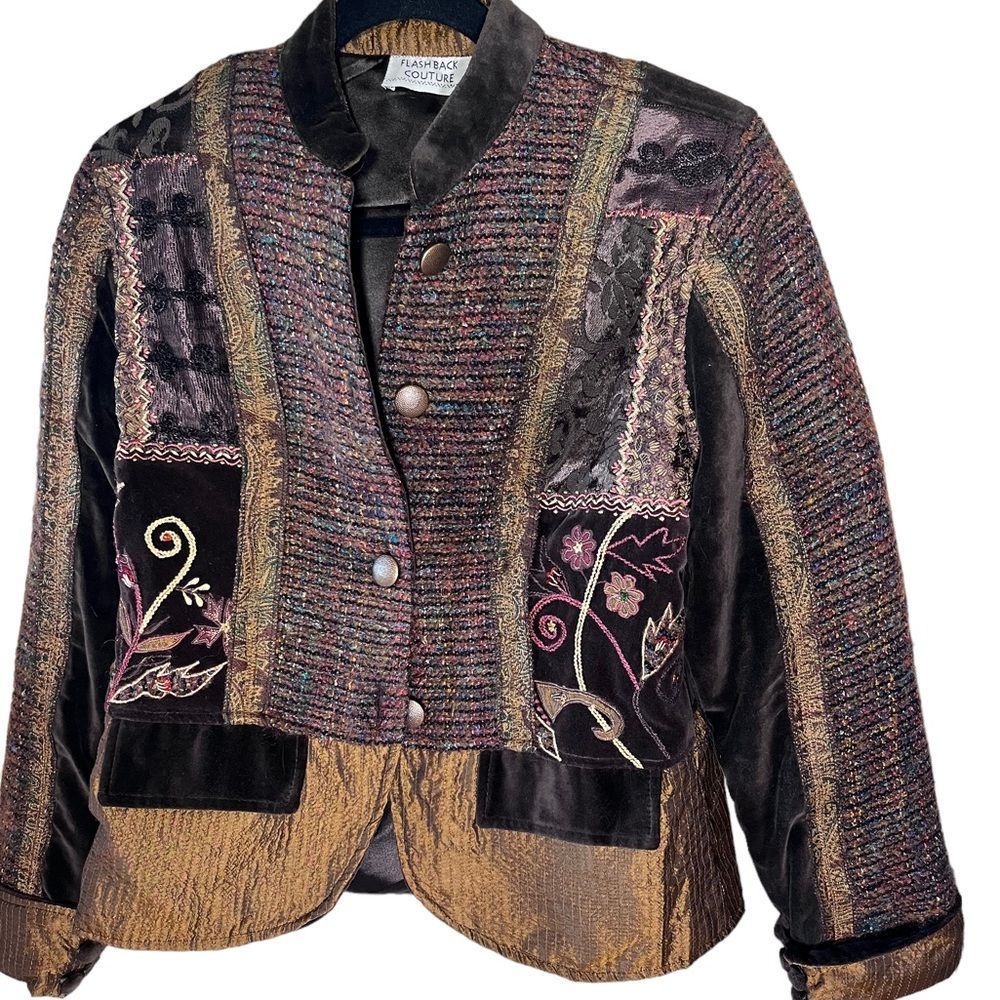 Flashback Couture Blazer Jacket Mixed Fabrics Velvet Satin Tweed 4 Button